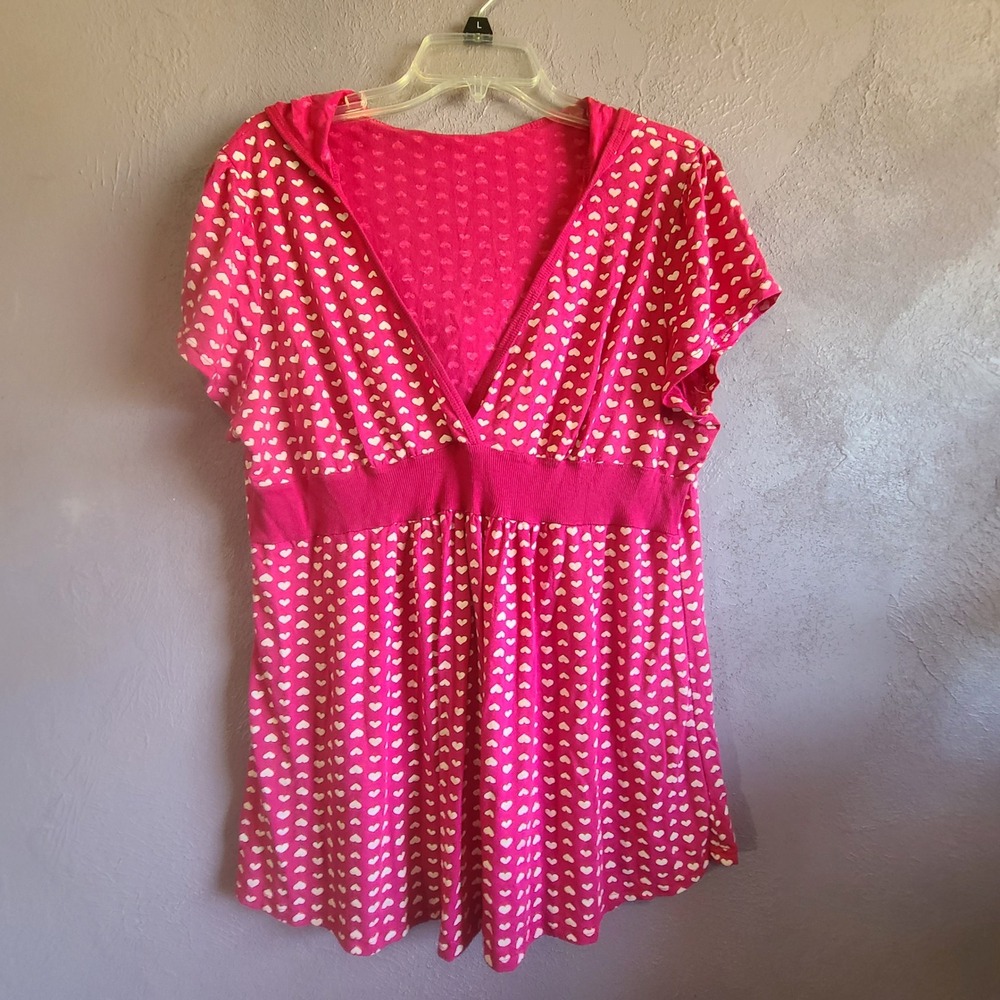 Tunic Top Women XL Pink Heart Print Hooded Empire Waist Hoodie V-Neck Y2K SS